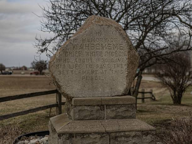 istock Stone monument in White Pigeon, Michigan, adorned with inscriptions 2157326262