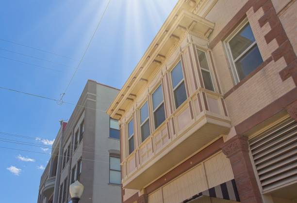Sun rays beam down on architecture in Prescott Arizona.