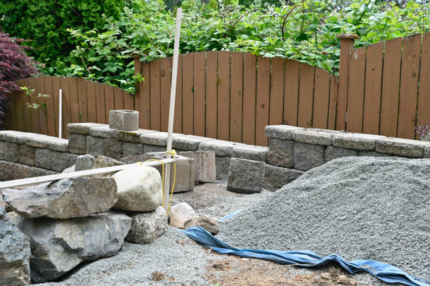 istock Rock wall construction with building block materials for terracing garden, pathways and patios 2157341130