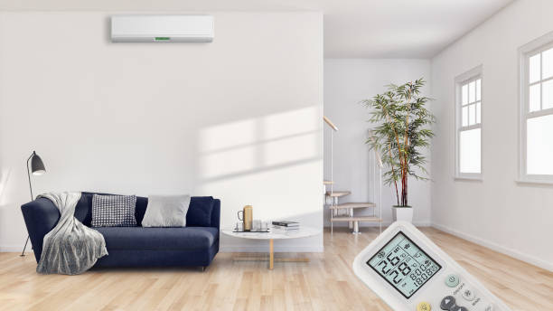 istock modern bright interiors room with air conditioning and remote control illustration 3D rendering 2157341701