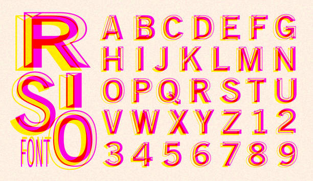 Retro riso print style screen printing font design alphabet includes capital letters and numbers very textured style Vector illustration of a Retro riso print style screen printing font design alphabet includes capital letters and numbers very textured style. Includes fully editable vector art to customize your own text. Individually grouped for easy editing and customization. Textured background. Download features vector EPS and high resolution jpg download. riso print stock illustrations