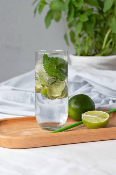 istock Mojito cocktail drink in glass, lime, drinking straw, mint in pot on white marble table background 2157354075