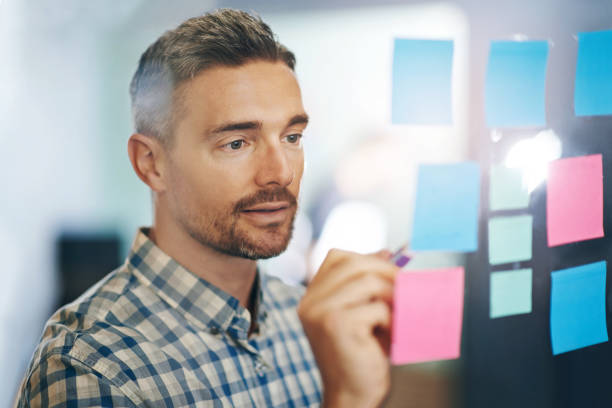istock Sticky notes, man and writing in office for planning, tasks and schedule glass board. Businessperson, strategy and idea on paper for calendar, brainstorming and agenda on window in workplace 2157354692