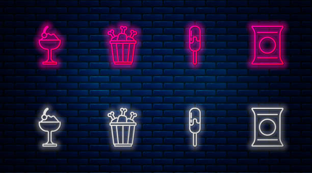 istock Set line Chicken leg in package box, Ice cream, bowl and Bag or packet potato chips. Glowing neon icon on brick wall. Vector 2157358406
