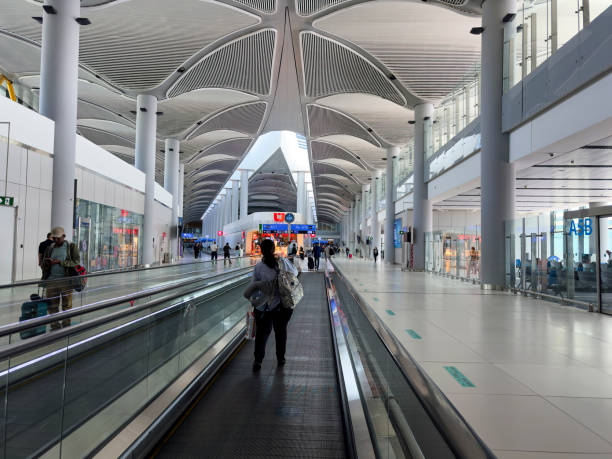 Istanbul, Turkiye, March 13th, 2024. View of the corridors at the departures area of the Istanbul Airport, towards the gates