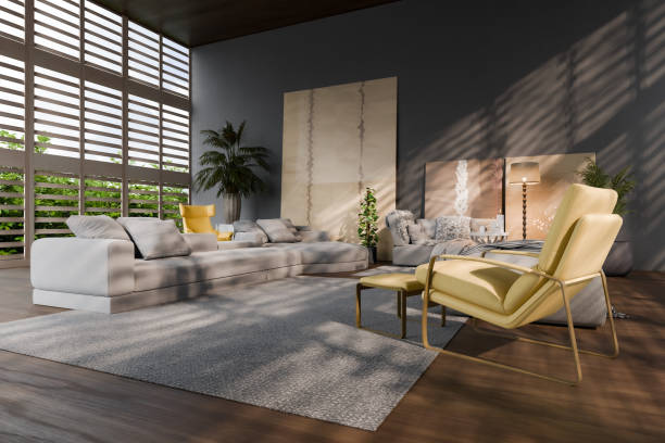 Retro living room with paintings. 3D generated image. Wall artworks are my own images and are just 3D renders as well.