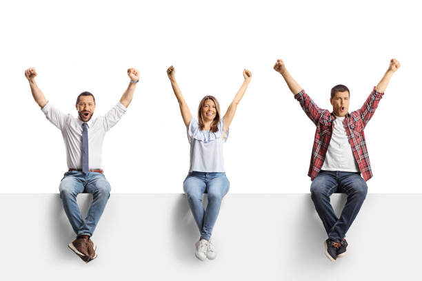 group of women and men showing v sign on white background