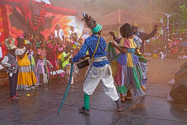 Iguazu, Puerto Iguazú, Argentina - March 18, 2012: Samba dancers entertain tourists at the Iguazu Falls in Argentina