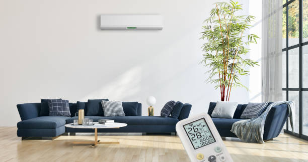 istock modern bright interiors room with air conditioning and remote control illustration 3D rendering 2157379773