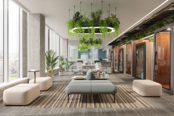 istock Eco-Friendly Modern Office Interior With Office Space, Waiting Area And Creeper Plants 2157384284