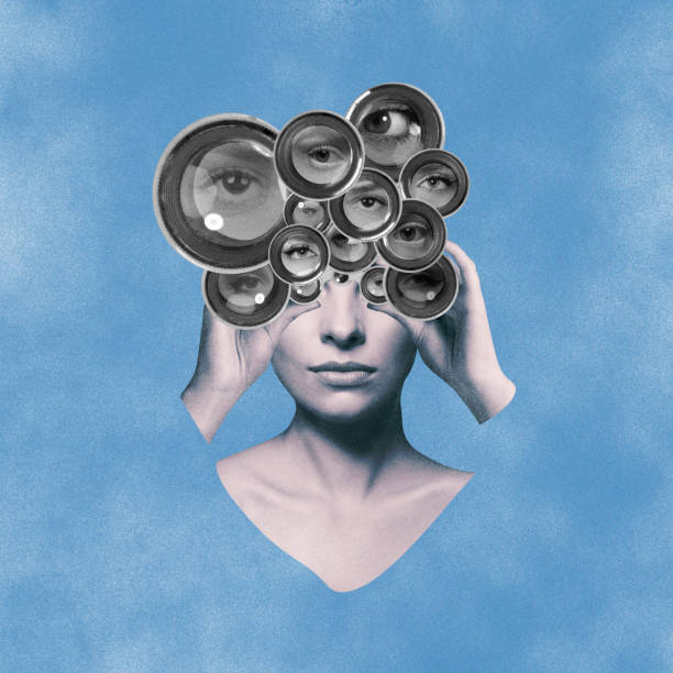 Surreal vision of woman with multiple camera lenses or binoculars for eyes collage
