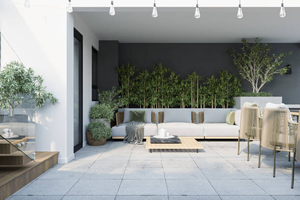 istock modern living room with a gray couch and indoor plants. skylight 2157387095