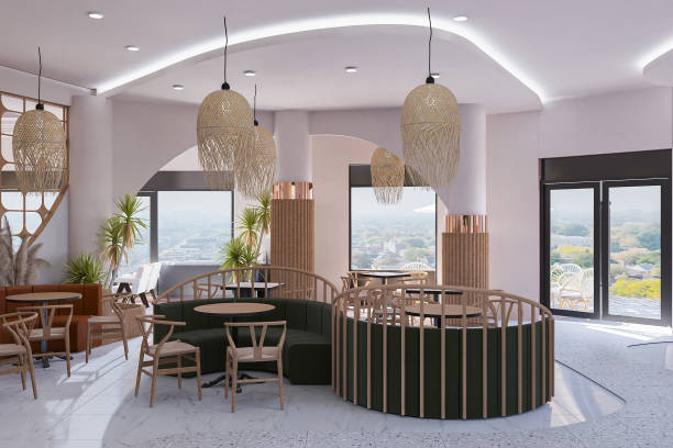 istock The interior of the restaurant with white ceiling and bright decoration 2157387311