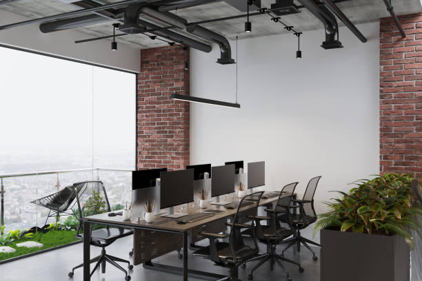 istock Dark business room interior with work place and panoramic window 2157387349