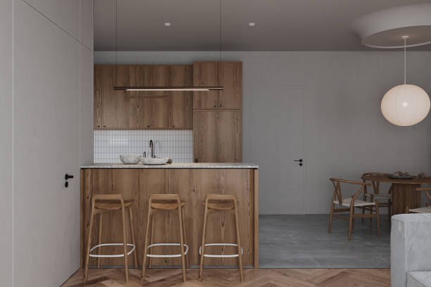 istock Beautiful modern loft kitchen or snacks bar interior design with wooden counter bar 2157387443