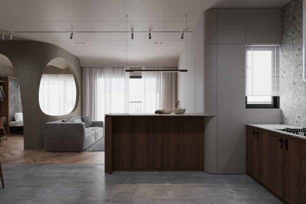 istock Elegant dark wood kitchen with white wall in the studio apartment 2157387451