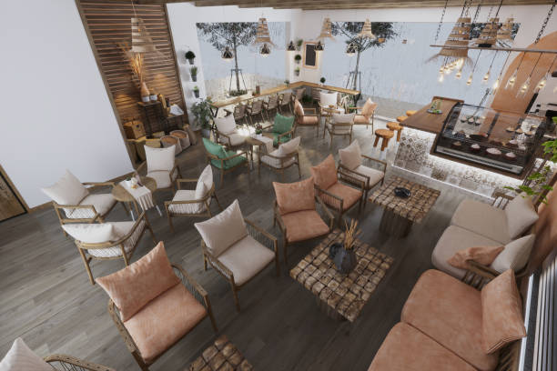 istock The main hall with wooden tables, chairs, and setting sofas in the cafe 2157387492