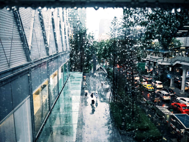 Rain Drop With Cityscape, Rain Day People Background,