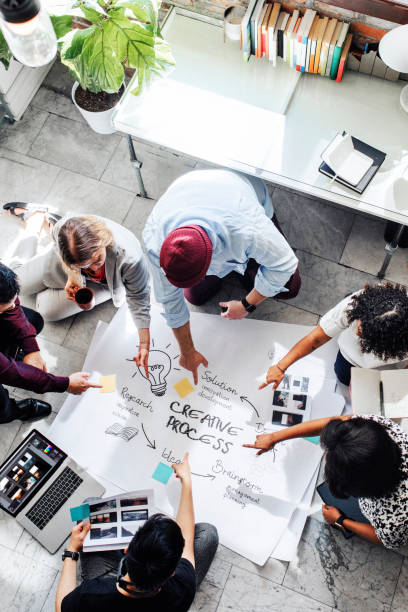 Business people brainstorming management process on paper