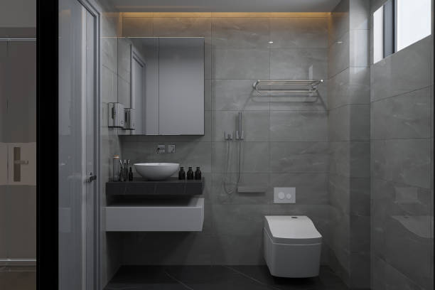 istock Bathroom with natural light, and white and black scheme 2157387591