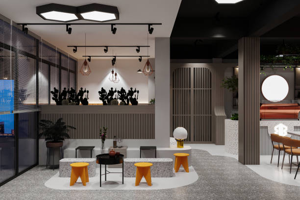 istock Interior of modern cafe in loft style with yellow and white stools for seating 2157387662