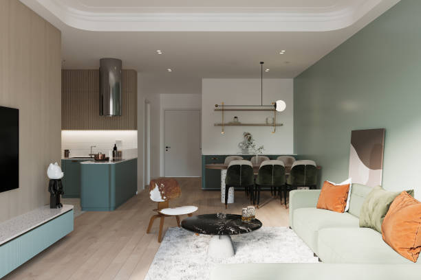 istock Stylish modern interior of living, dining and kitchen 2157387737