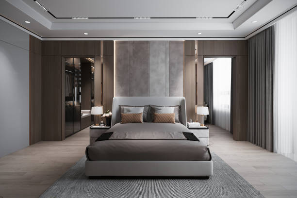 istock A minimalist bedroom with a modern bed and gray color tone. 2157387754