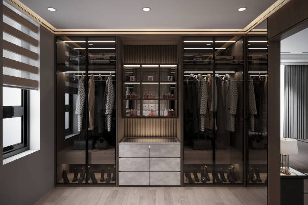 istock Modern style walk in closet.Dark tone.3d rendering 2157387813