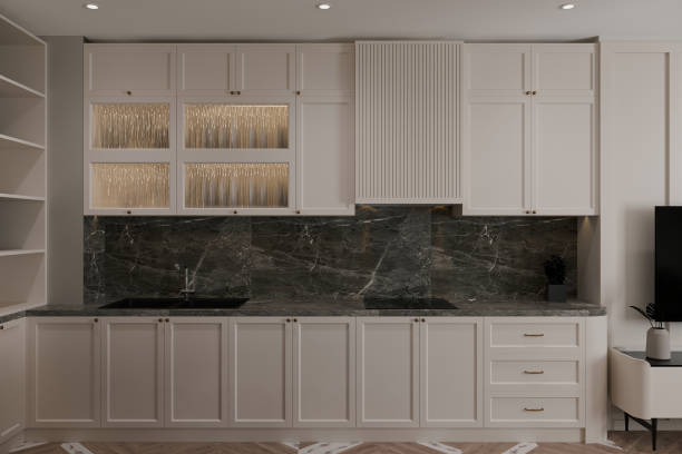 istock Modern family kitchen design, new cabinets and kitchenware with white decor. 2157387952