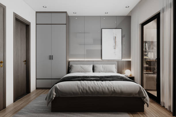 istock The interior of a bright and grey bedroom 2157387965