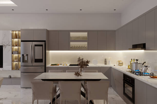 istock Modern and contemporary kitchen design with LED and sleek design. 2157388220