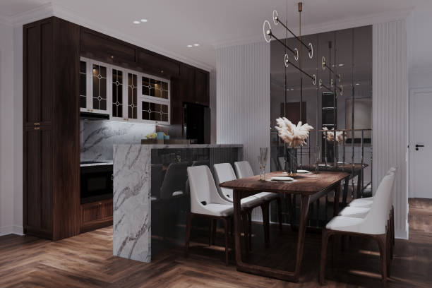 istock modern Scandinavian dining room with a Wooden table with chairs behind the kitchen countertop 2157388236