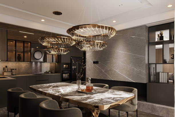 3d rendering contemporary modern dining room and living room with luxury decor