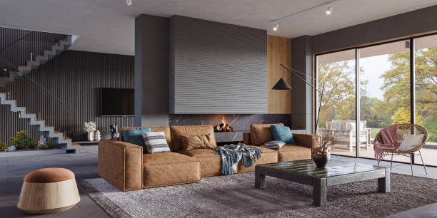 istock Cozy living room interior with concrete walls, staircase and fireplace. Modern design solution, 3d rendering 2157388268
