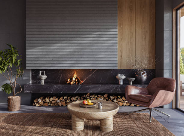 istock Modern living room interior with concrete walls and fireplace. Modern design solution, 3d rendering 2157388283