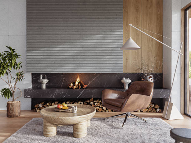 istock Modern living room interior with concrete walls and fireplace. Modern design solution, 3d rendering 2157388289