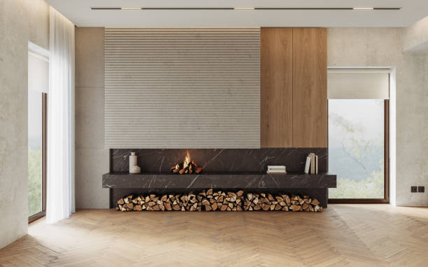 istock Modern living room interior with concrete walls and fireplace. Modern design solution, 3d rendering 2157388300