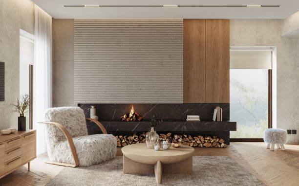 istock Modern living room interior with concrete walls and fireplace. Modern design solution, 3d rendering 2157388302