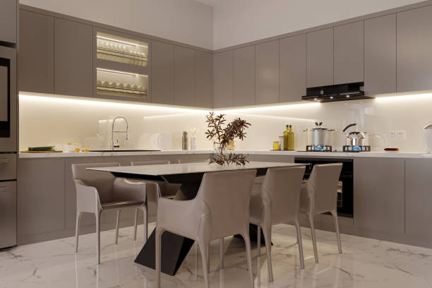 istock A contemporary kitchen design incorporating neutral tones and textured elements. 2157388316
