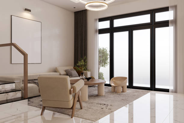 istock Chic and sleek living area with white decor. 2157388334