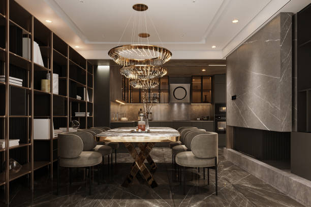 istock Built-in bookcases with integrated lighting next to he dining 2157388336