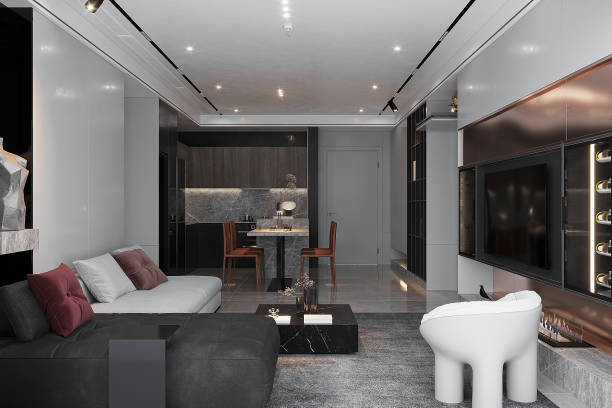 istock Luxury modern living room with open concept view through to dining room kitchen and dark marble 2157388478