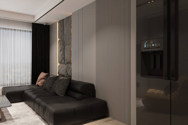 istock Modern interior of living room with black modular sofa and chic decoration. 2157388630
