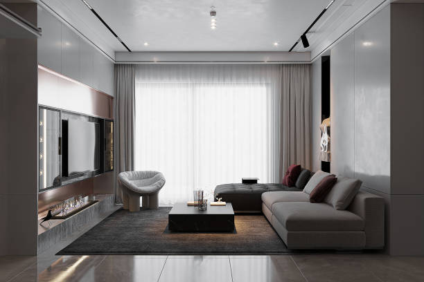 istock Modern living room interior with panoramic window and armchairs 2157388709