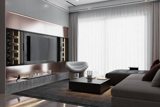 istock Modern living room interior with panoramic window and armchairs 3d rendering 2157388710