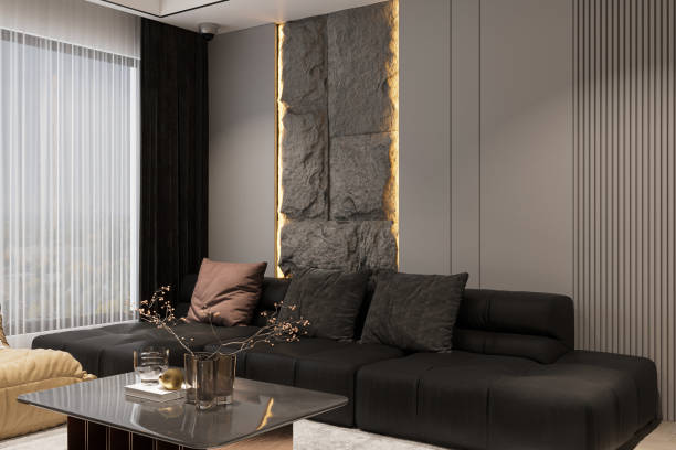 istock Sunlight entry into the living room from the panoramic window, 3D rendering 2157388856