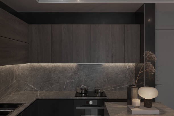 istock Gray and wooden kitchen interior with cupboards, close up 2157388911