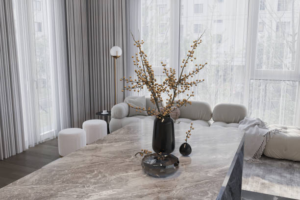istock Bohemian dining table close up, living room in boho style with sofa 2157388979
