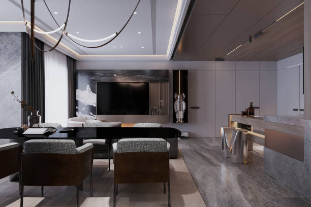 istock Copy space on a minimal interior design with designer chairs and with dining table. 2157388985