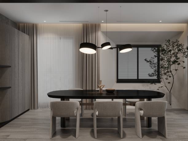 istock Creating a chic dining area with designer chairs and a dining table. studio light hung on the table 2157388992
